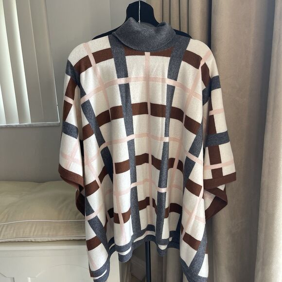 NAADAM Women's Soft Plaid Jacquard Poncho Cream Brown Pink 100% Cashmere - Picture 4 of 9